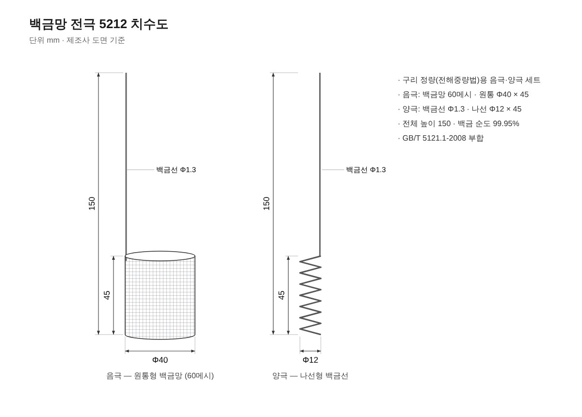 백금망 전극 5212 치수도
